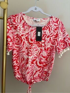 Sade New York Red & Pink Floral Tassel Sleeve Blouse pre owned